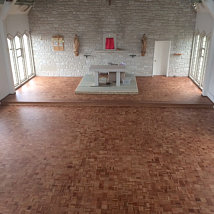 Cheddar Church mosaic block flooring renovation complete and finished with a matt lacquer.